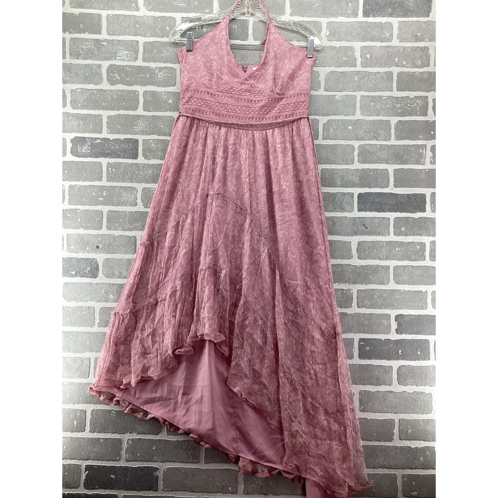 Tularosa Pink Gold Metallic Stripe Halter Maxi Dress Crochet Lace Tiered Medium